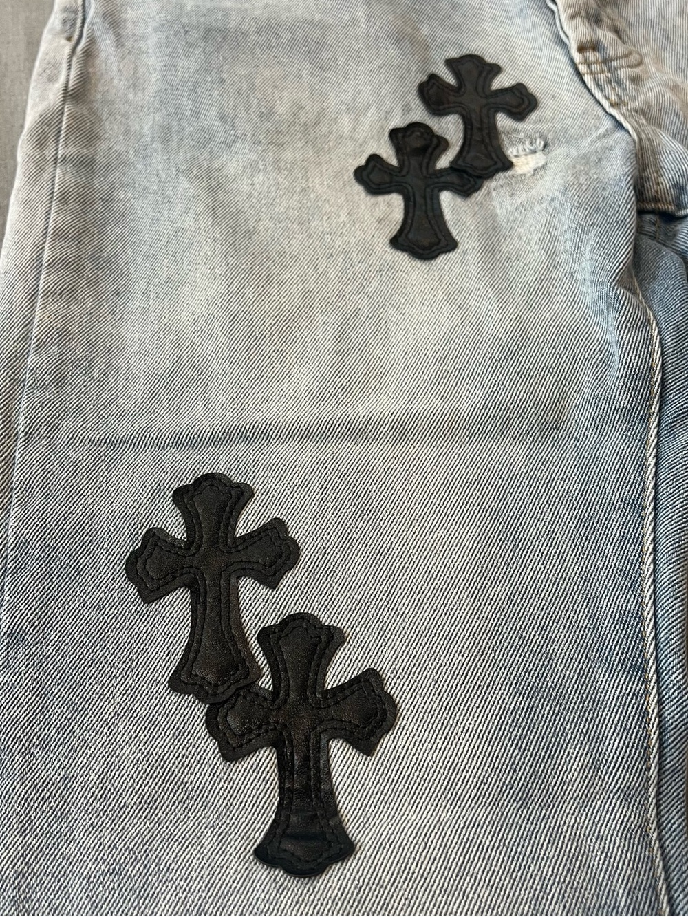 Chrome Hearts Light Blue Slim Straight Jeans with Black Cross Patches - Picture 4 of 8